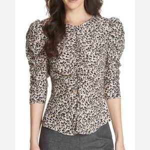 Rebecca Taylor Leopard silk blouse with puffy ruched sleeves and button up back